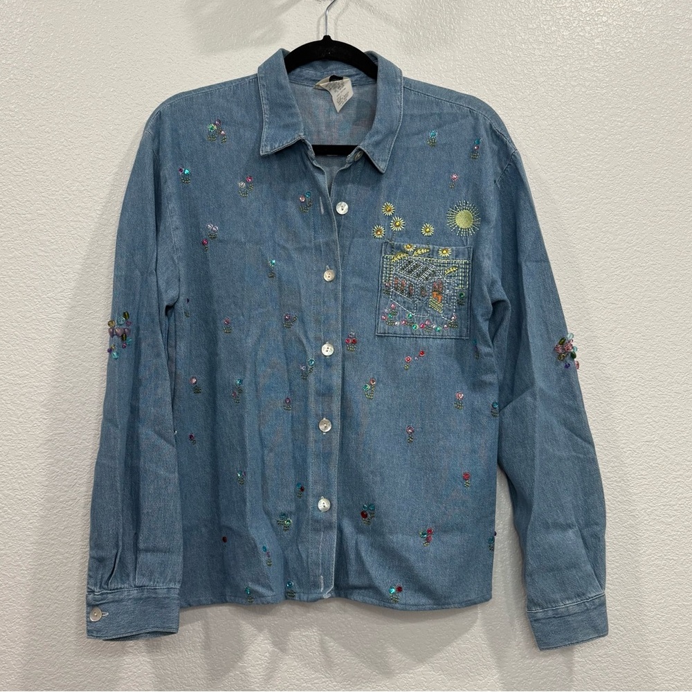 Vintage Teddi Button Front Embellished Denim Long Sleeve Top Large